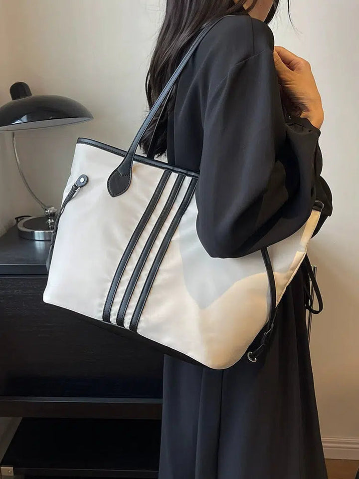 Leather Straps Striped Casual Tote Bag