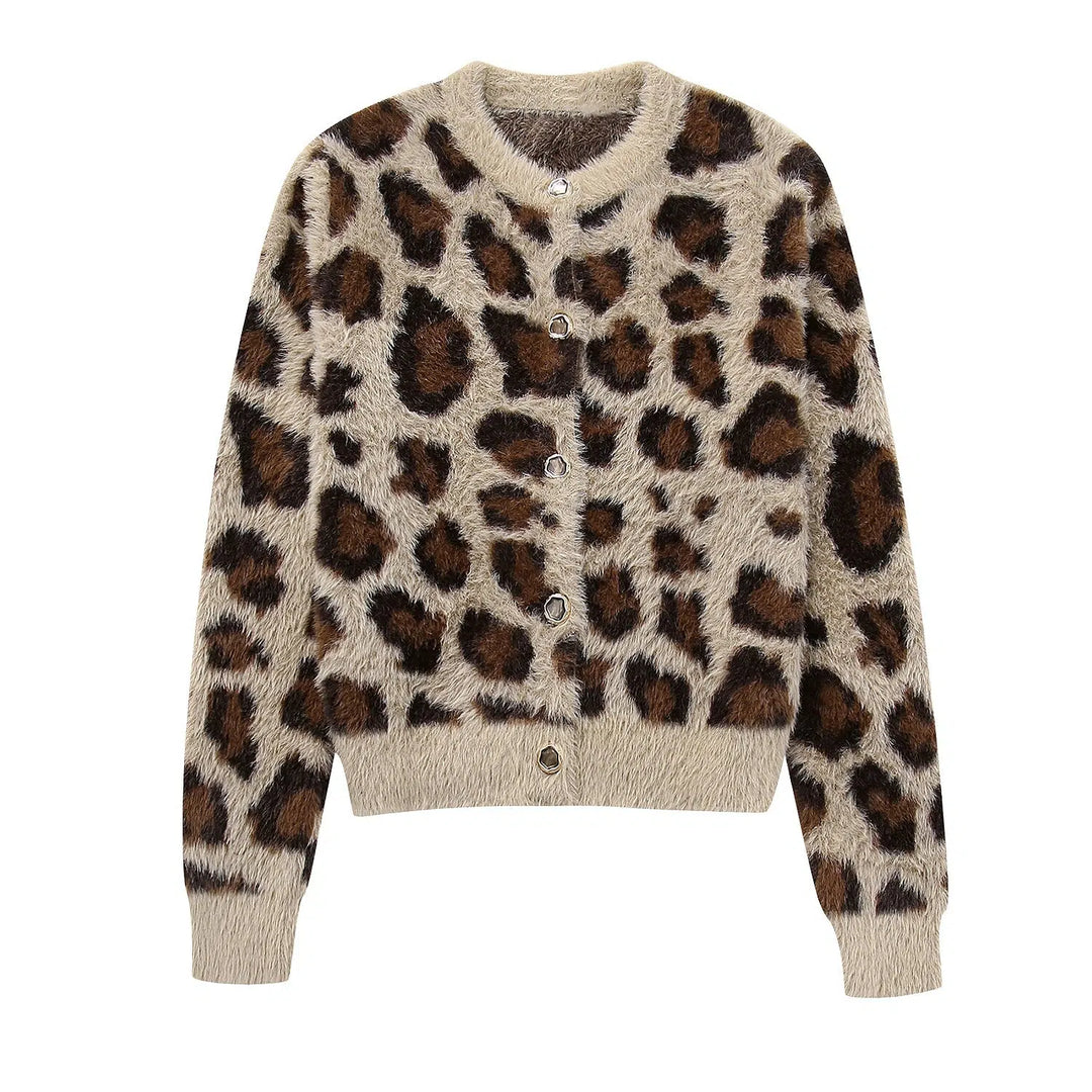 Leopard Print Knit Cardigan Sweater