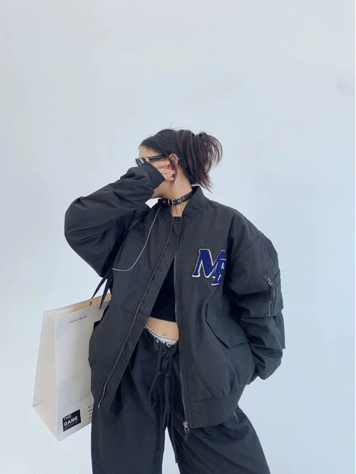 Letter Patch Oversized Bomber Coat