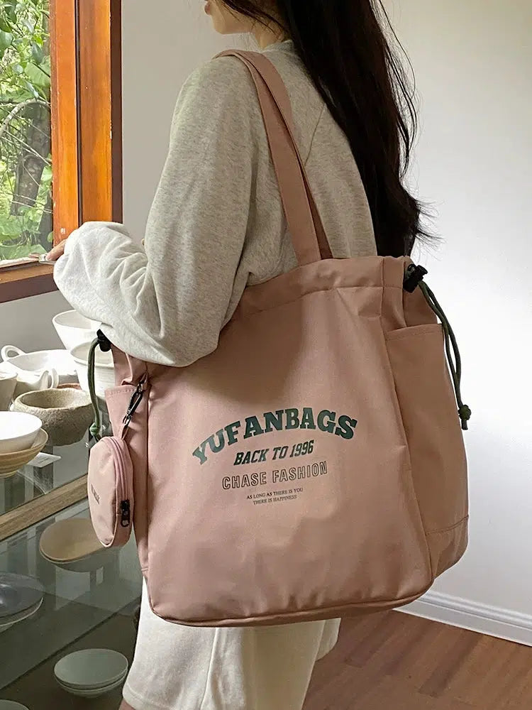 Letter Print Large Canvas Tote Bag