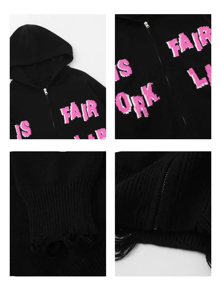 Letter Printed Hooded Knitted Jacket