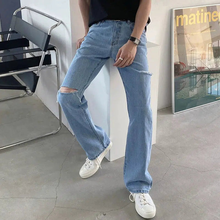 Light Blue Ripped Straight-leg Jeans