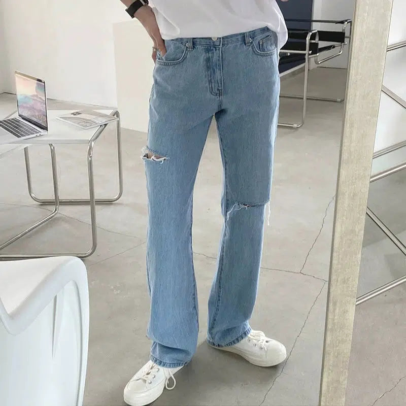 Light Blue Ripped Straight-leg Jeans