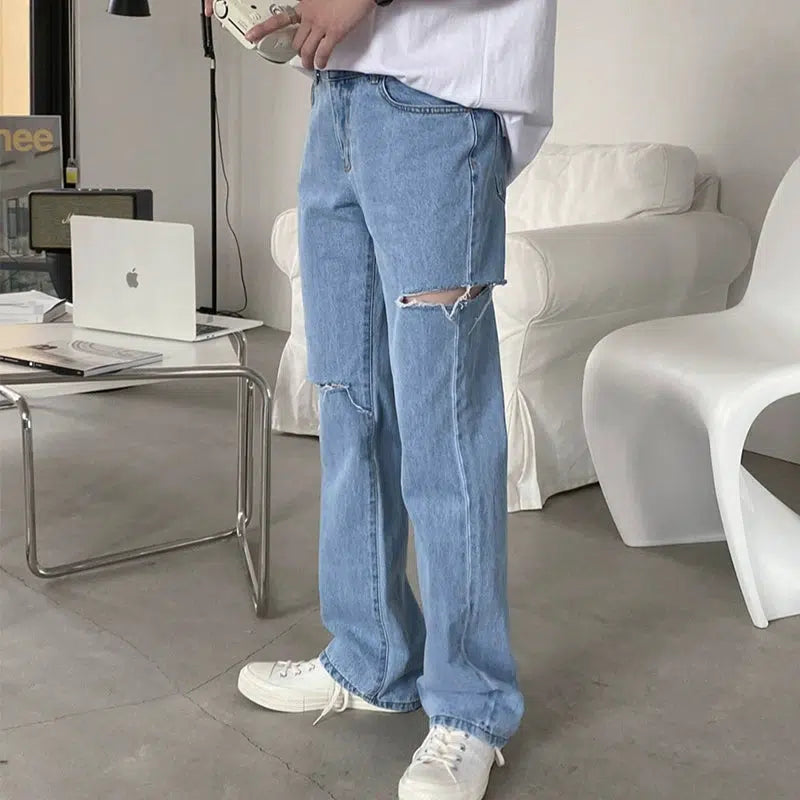 Light Blue Ripped Straight-leg Jeans