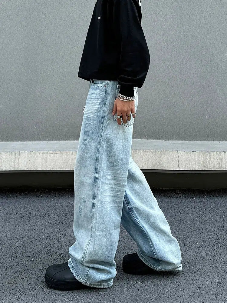 Light Blue Wide-Leg Distressed Denim Pants