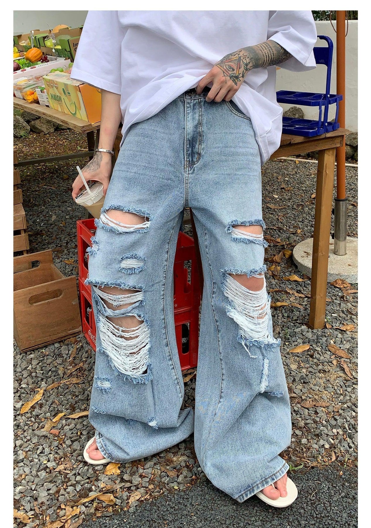 Wide Leg Ripped Jeans - Light Blue