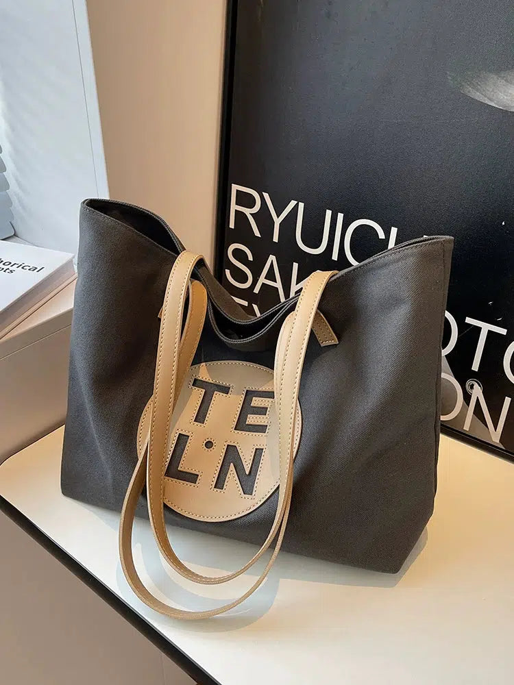 Logo Leather Straps Canvas Tote Bag