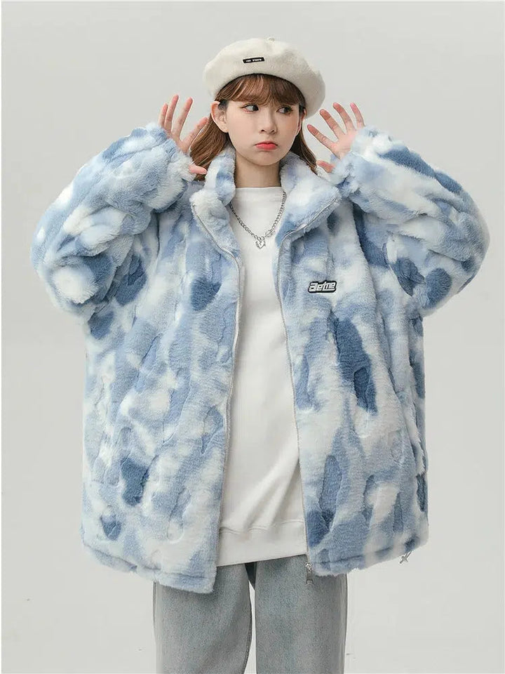 Logo Patch Faux Fur Zip-Up Coat