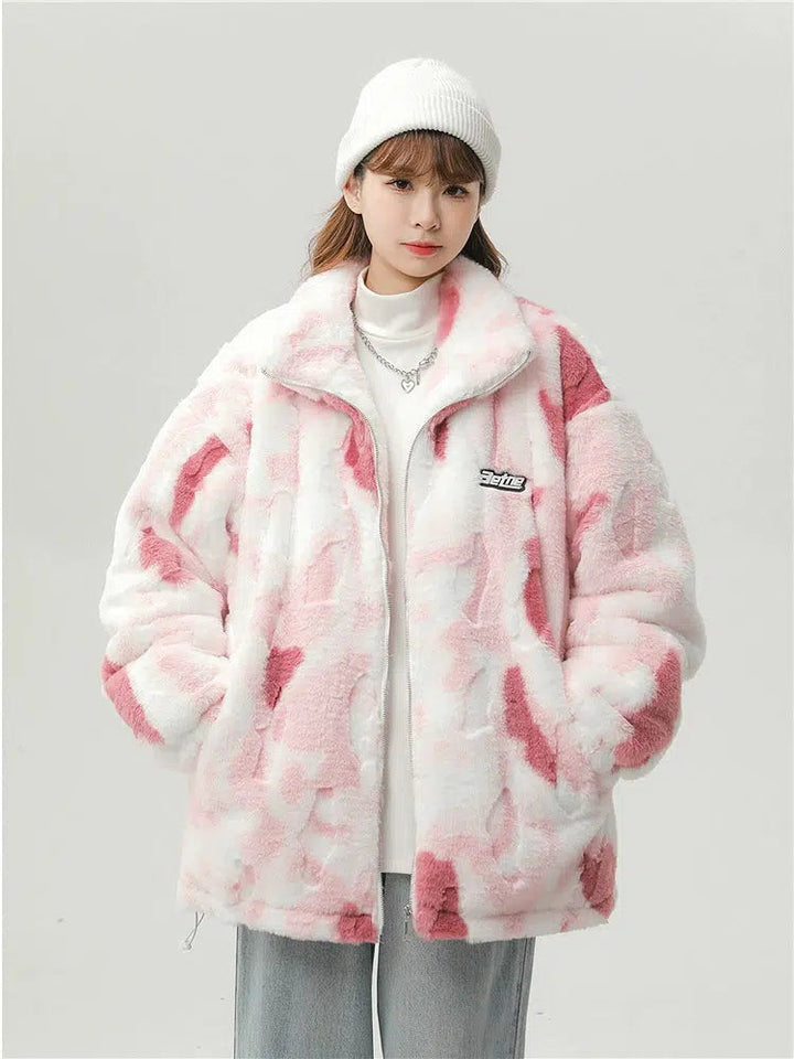 Logo Patch Faux Fur Zip-Up Coat