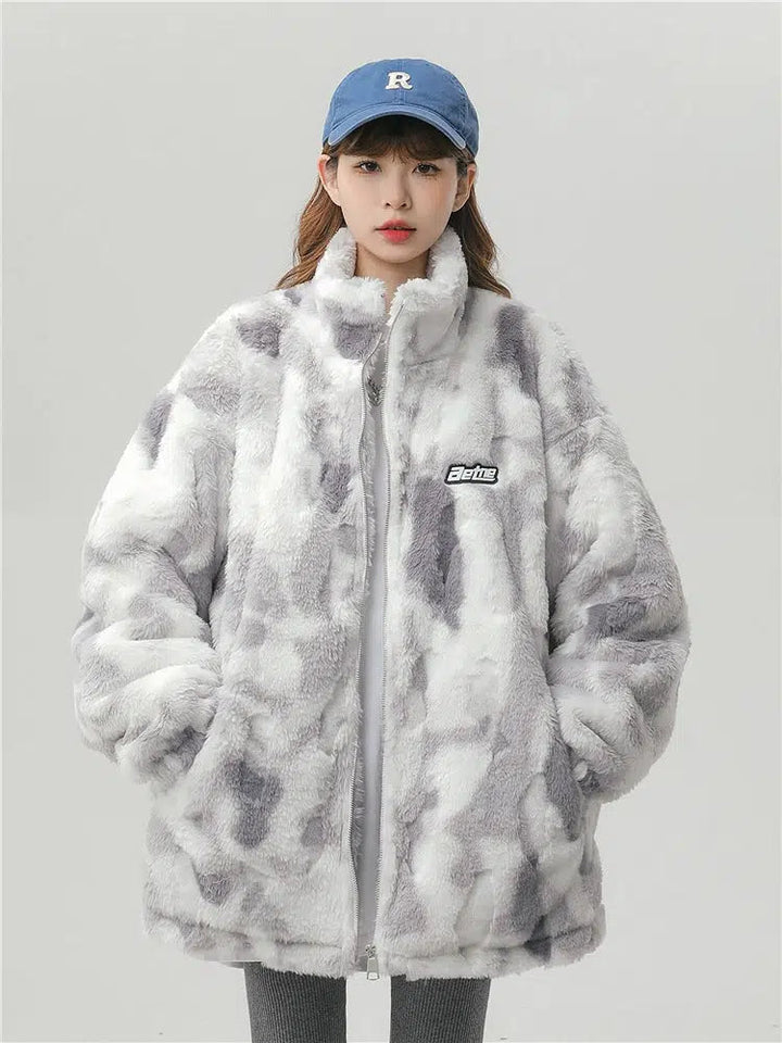 Logo Patch Faux Fur Zip-Up Coat