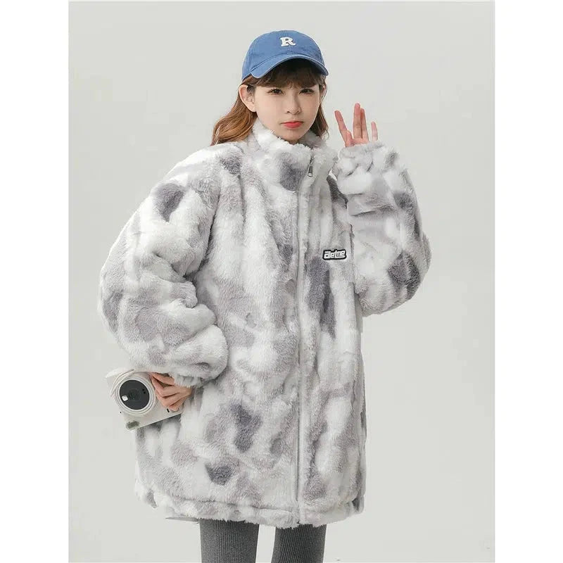 Logo Patch Faux Fur Zip-Up Coat