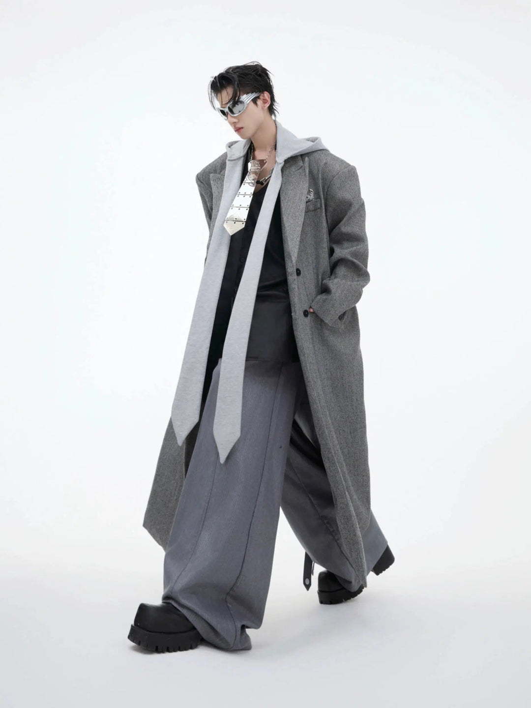 Attached Scarf Long Overcoat