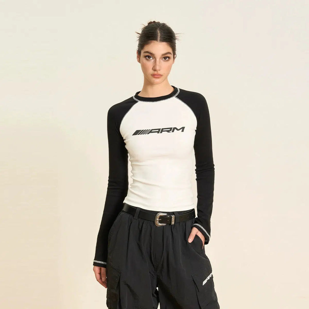 Long Sleeve Sporty Crew Neck Pullover with Contrast Piping and Logo Detail