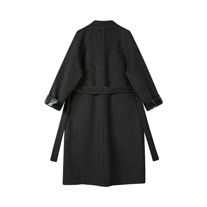 Faux Leather Trim Long Wool Coat