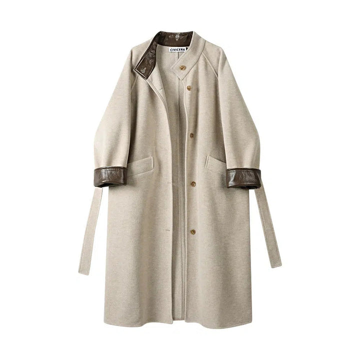 Faux Leather Trim Long Wool Coat