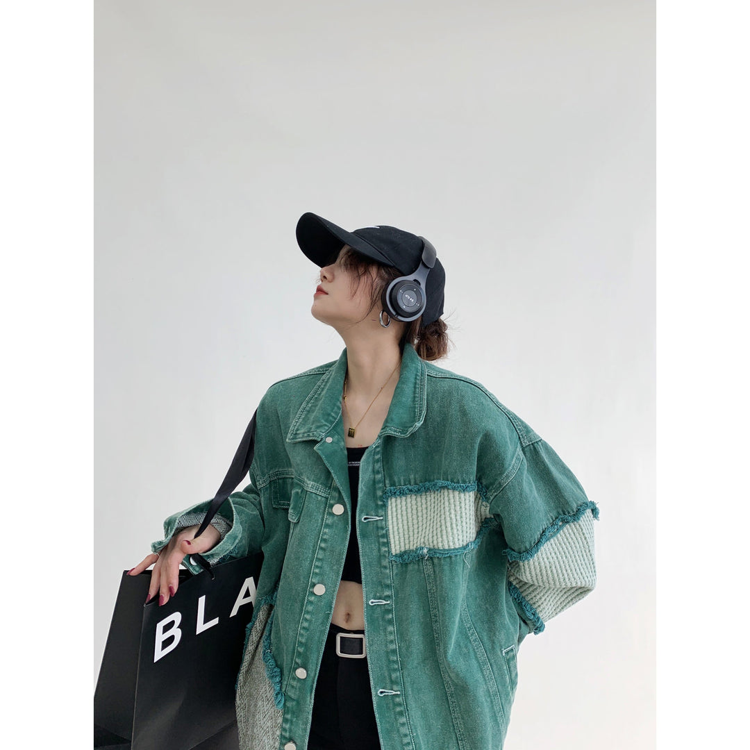 Loose Distressed Patchwork Denim Jacket