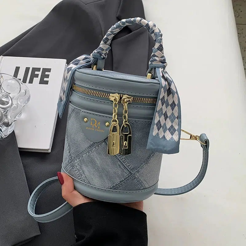 Metal Accents Denim Bucket Bag