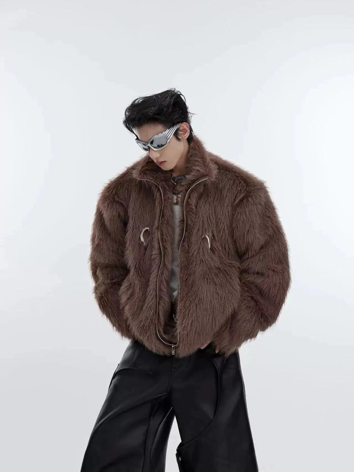 Metal Accents Thickened Plush Fur Coat