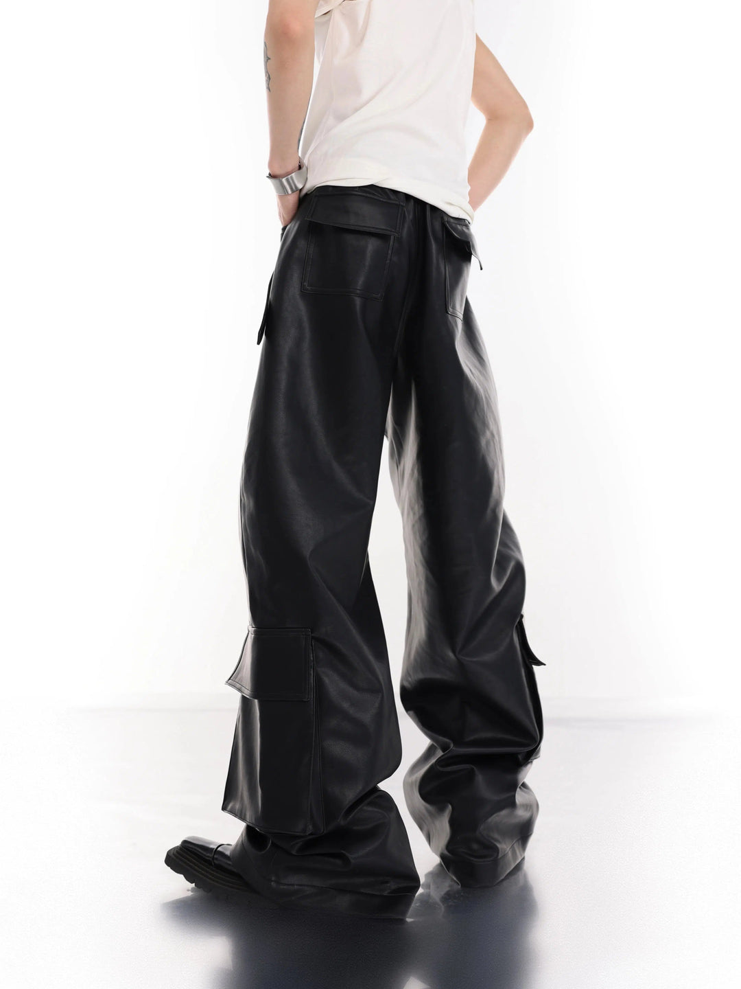 Metal Stitching Leather Cargo Pants