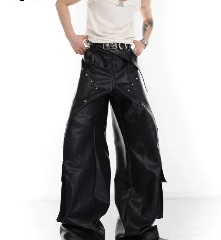 Metal Stitching Leather Cargo Pants