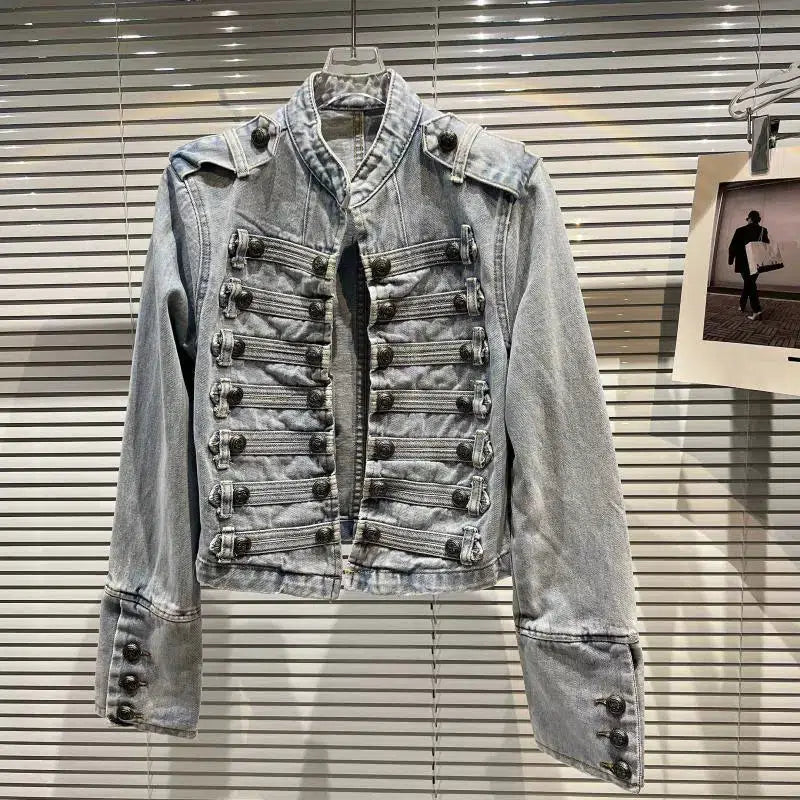 Military-Style Buttoned Denim Jacket