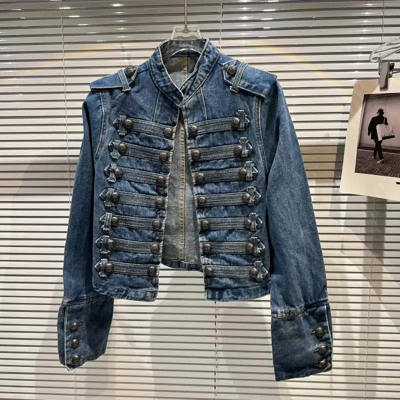 Military-Style Buttoned Denim Jacket