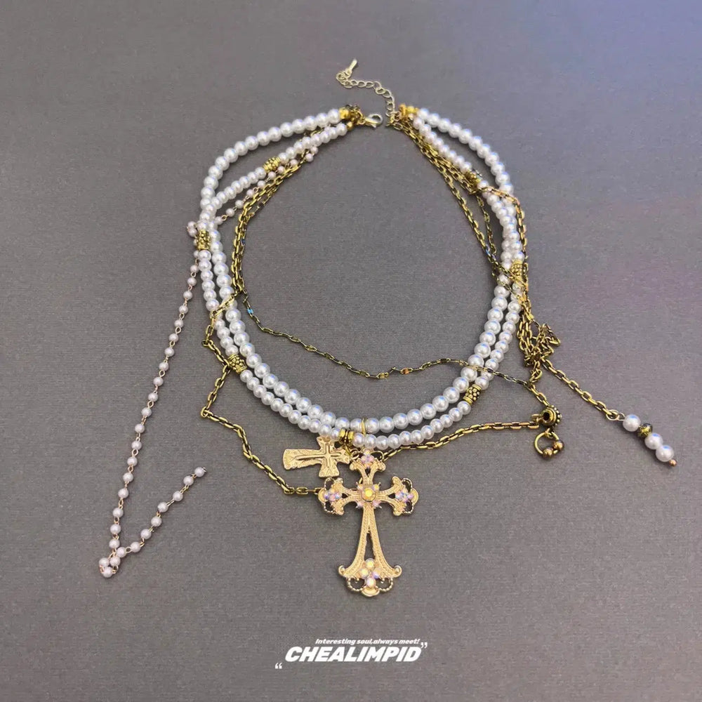 Multi-layer Cross Pendant Pearl Necklace