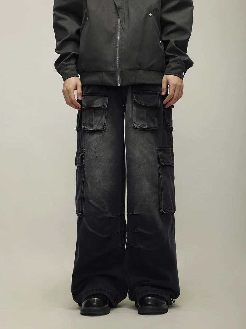 Multi pocket wide cargo pants in black