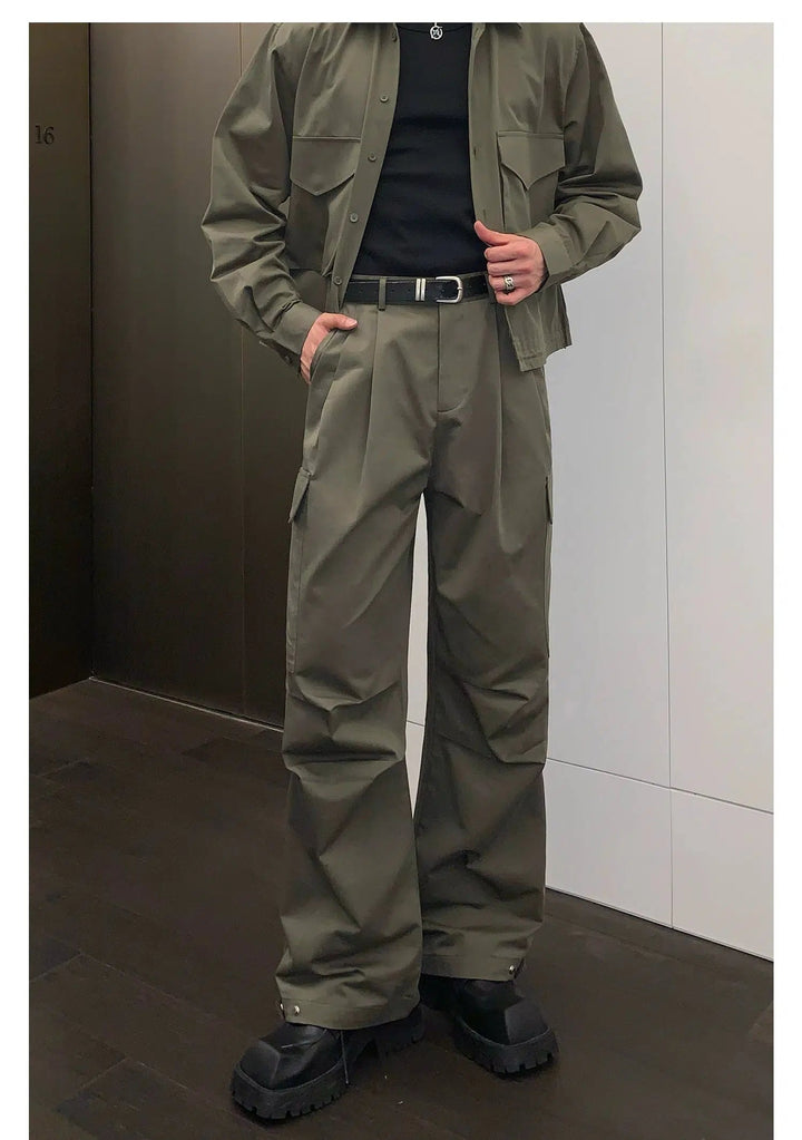 Multi-pocket Workwear Long-sleeved Shirt & Wide-leg Pants