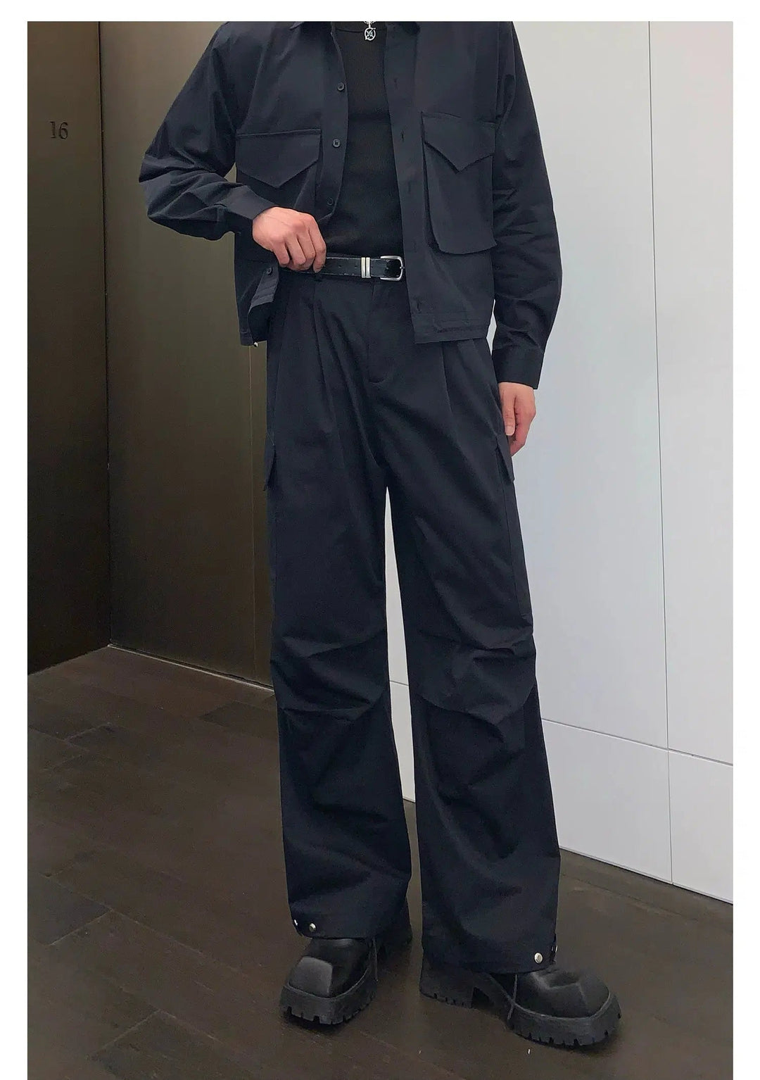 Multi-pocket Workwear Long-sleeved Shirt & Wide-leg Pants