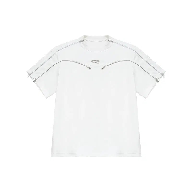 Multi-zipper Short Sleeve T-shirt with Shoulder Pad