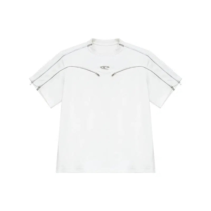 Multi-zipper Short Sleeve T-shirt with Shoulder Pad