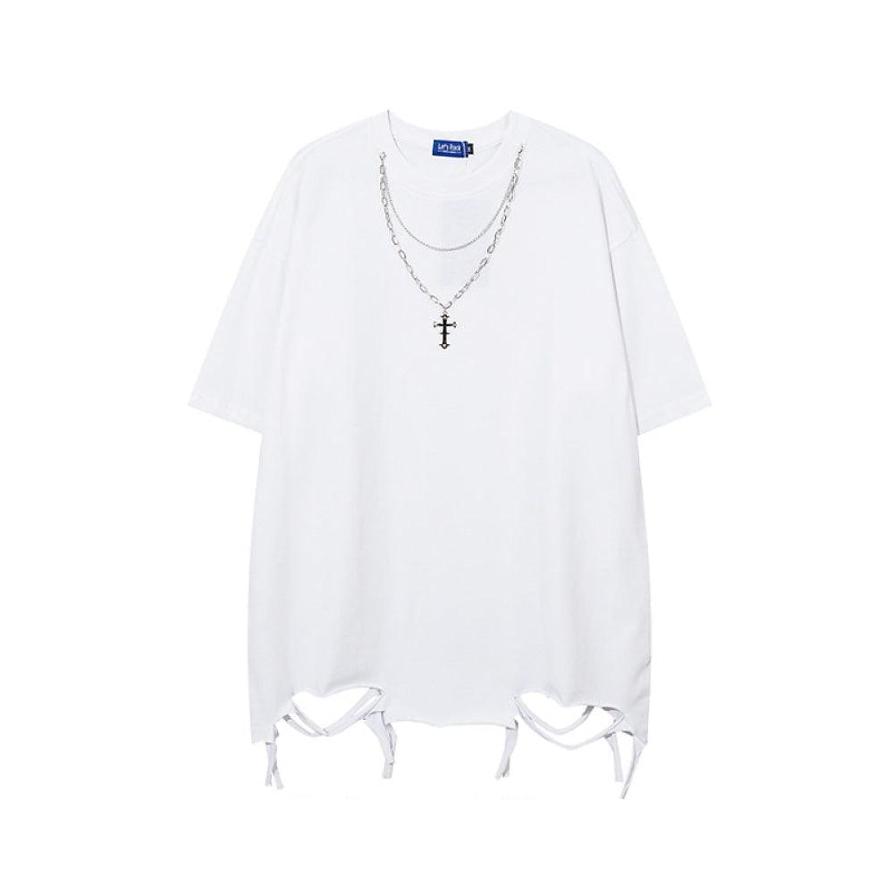 Necklace Washed Tattered Short-sleeved T-shirt