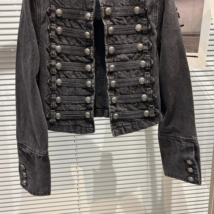 Military-Style Buttoned Denim Jacket