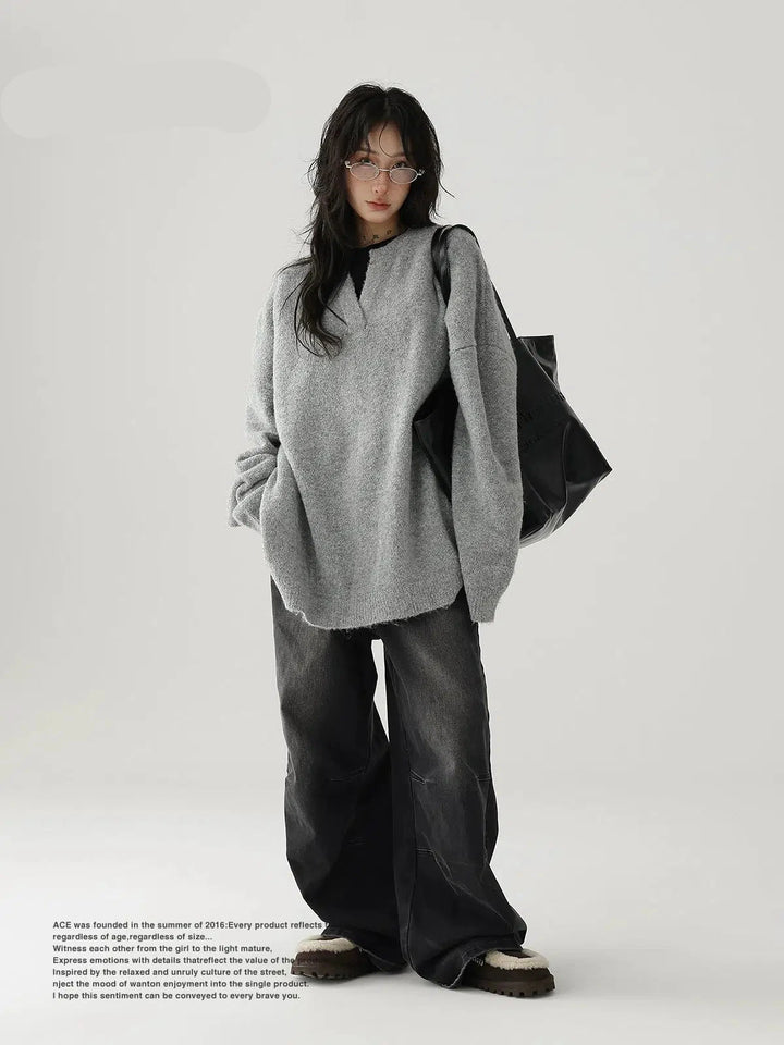 Oversized Fuzzy Knit V-Neck Sweatshirt