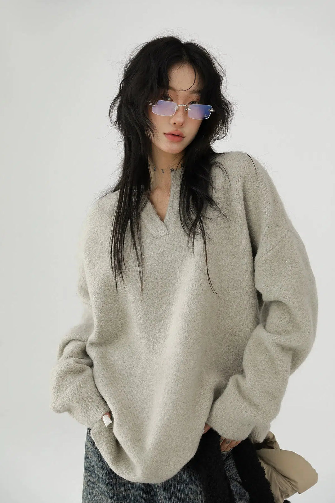 Oversized Fuzzy Knit V-Neck Sweatshirt