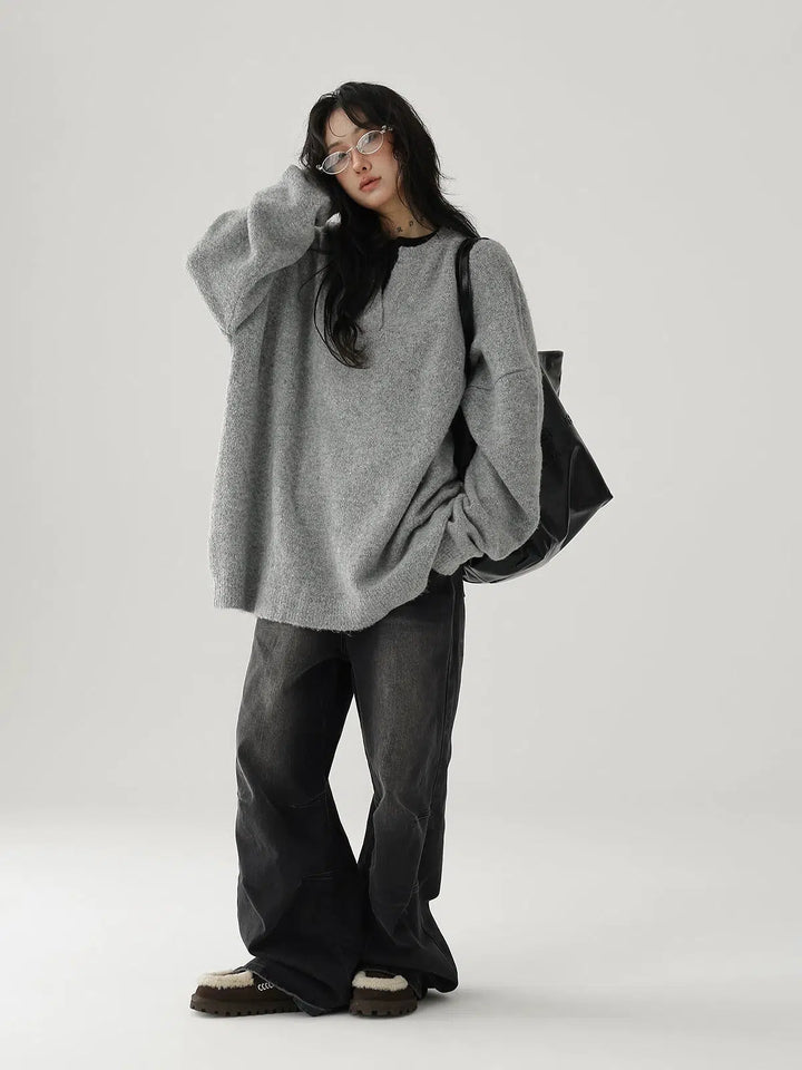 Oversized Fuzzy Knit V-Neck Sweatshirt