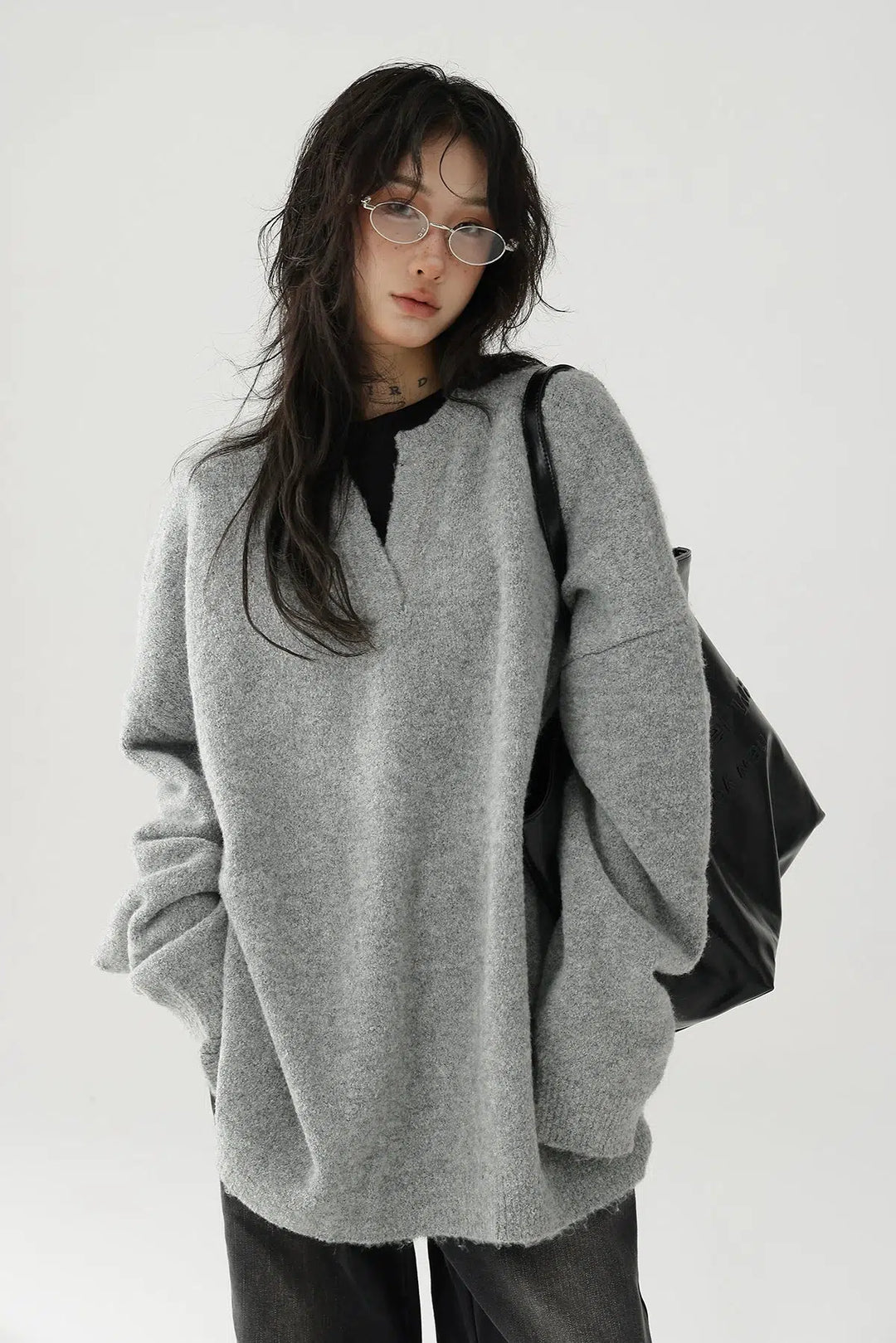 Oversized Fuzzy Knit V-Neck Sweatshirt