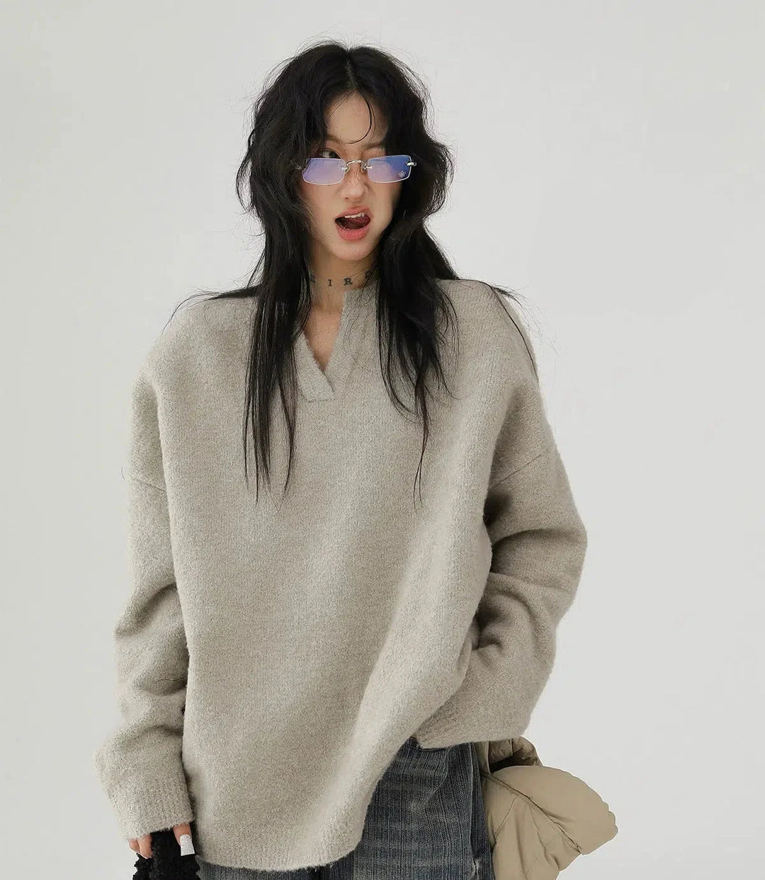 Oversized Fuzzy Knit V-Neck Sweatshirt