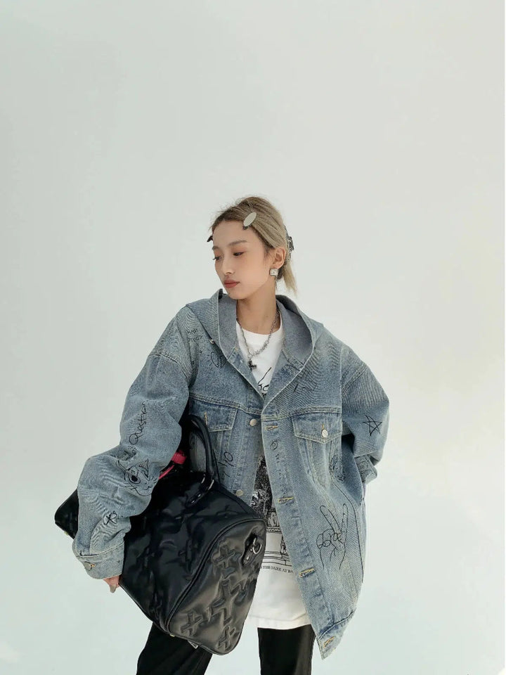 Oversized Graphic Denim Hooded Jacket