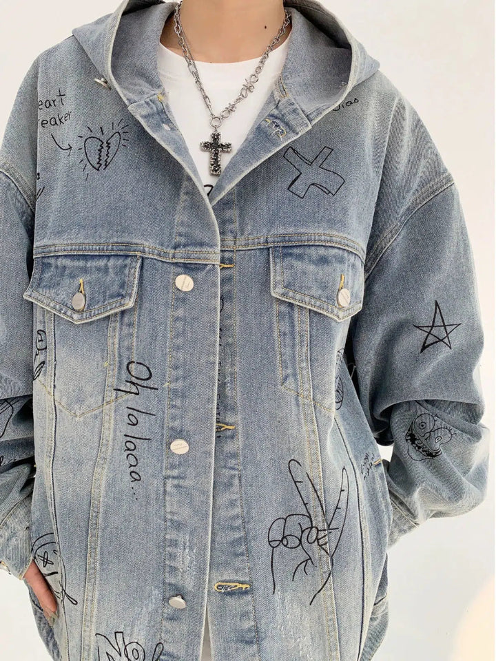 Oversized Graphic Denim Hooded Jacket