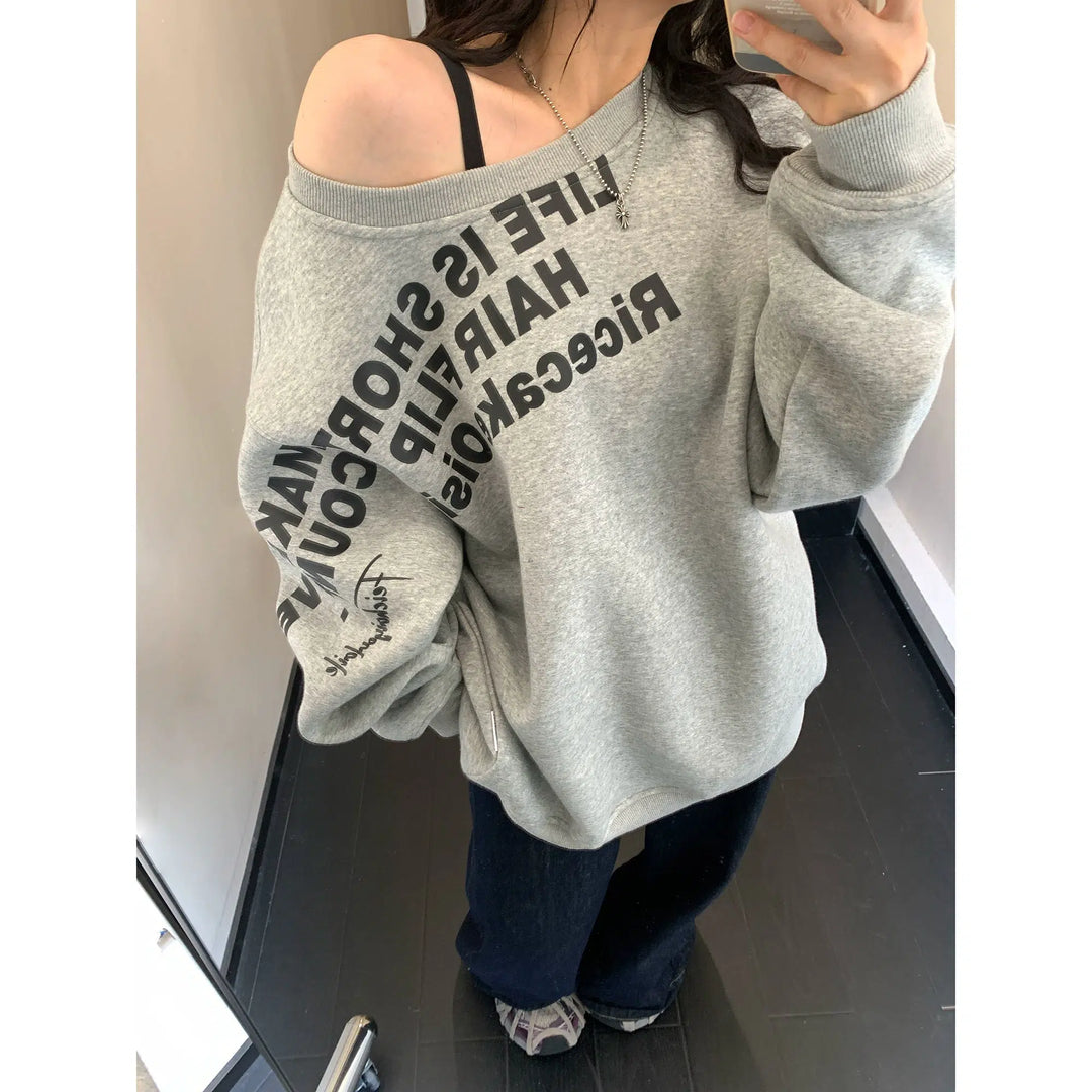 Oversized Graphic Off-Shoulder Sweatshirt