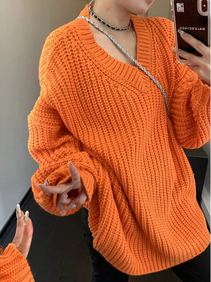 Oversized Knit V-Neck Sweatshirt