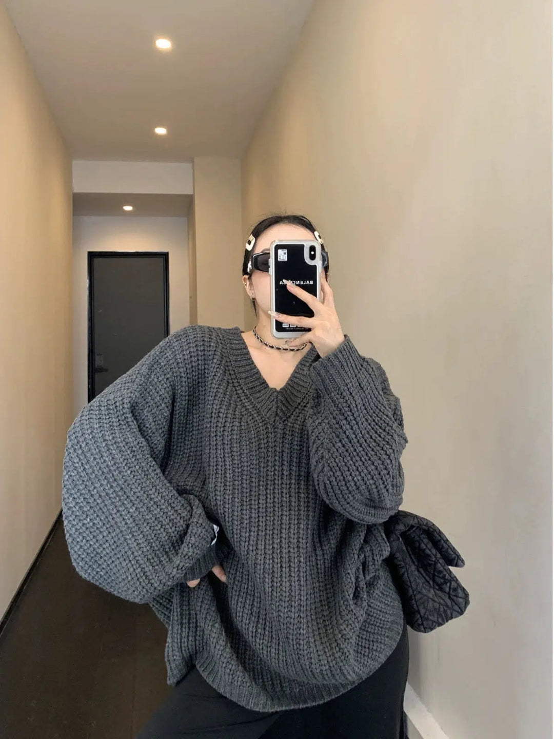 Oversized Knit V-Neck Sweatshirt