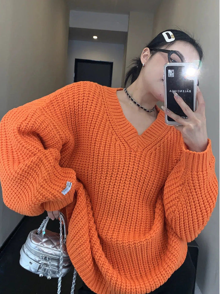 Oversized Knit V-Neck Sweatshirt