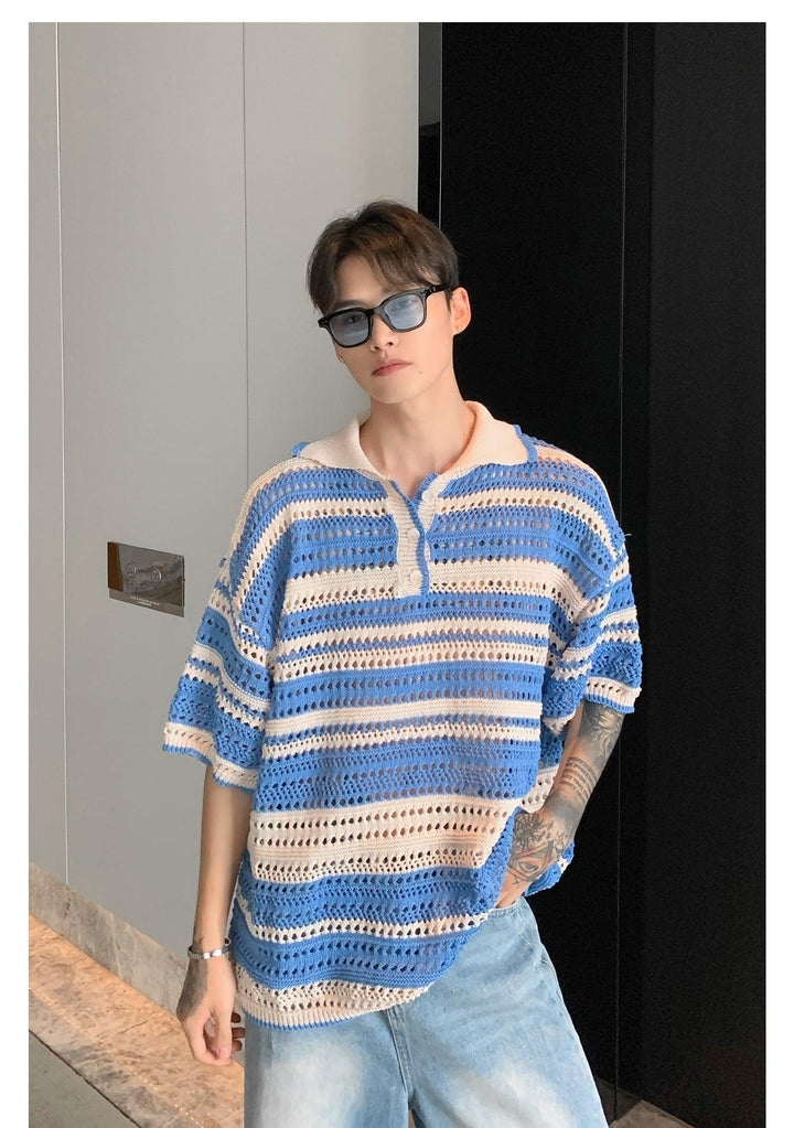 Oversized Mesh Stripe Polo Shirt