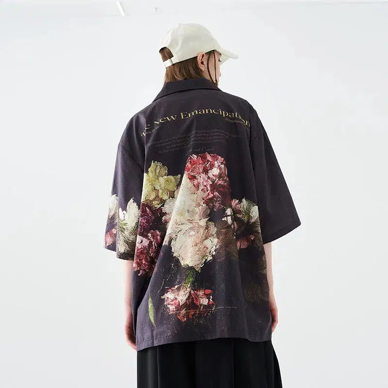 Oversized Painting Flower Cuban Collar Shirt