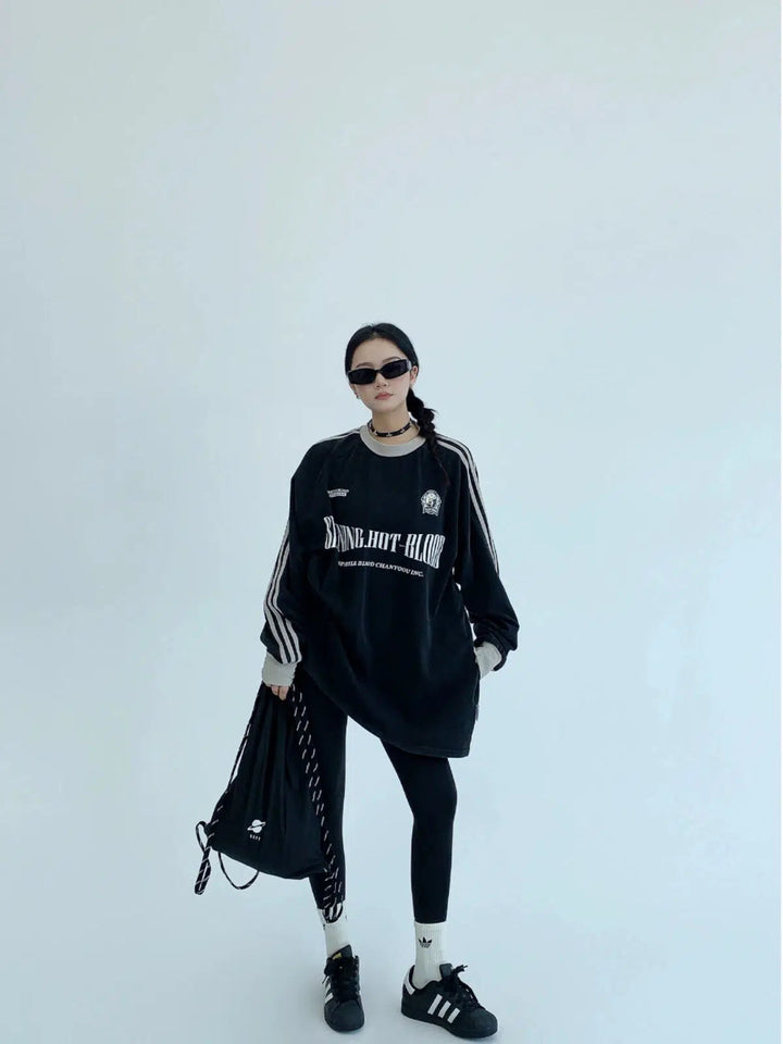 Oversized Striped Sleeves Graphic Sweatshirt