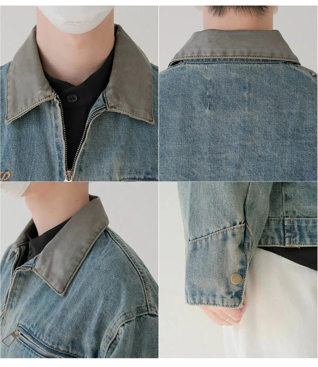 PU Leather Stitching Lapel Denim Jacket