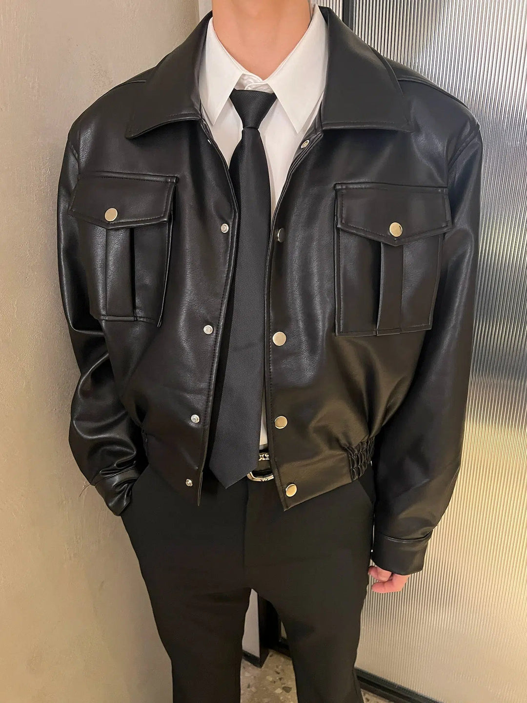 Padded Shoulder Leather Biker Jacket